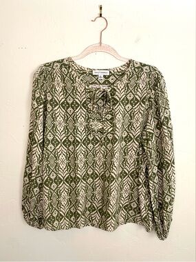 Emily Daniels XL Olive Cream Ikat Print Peasant Style Tie Lightweight Blouse